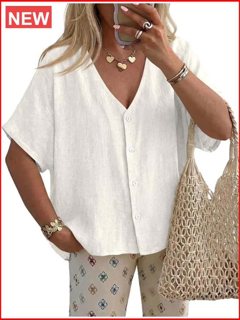 Oversized V Neck Button Down Blouse With Batwing Short Sleeves